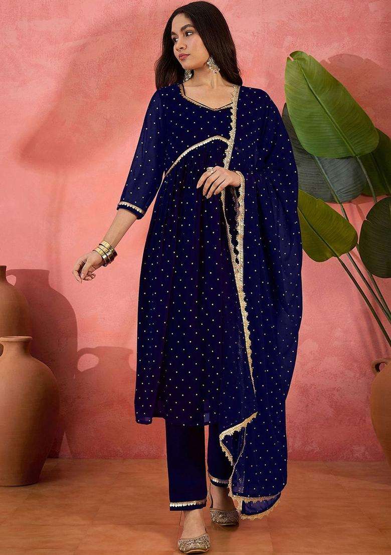 Navy Blue Printed Georgette Kurta Set - Indya