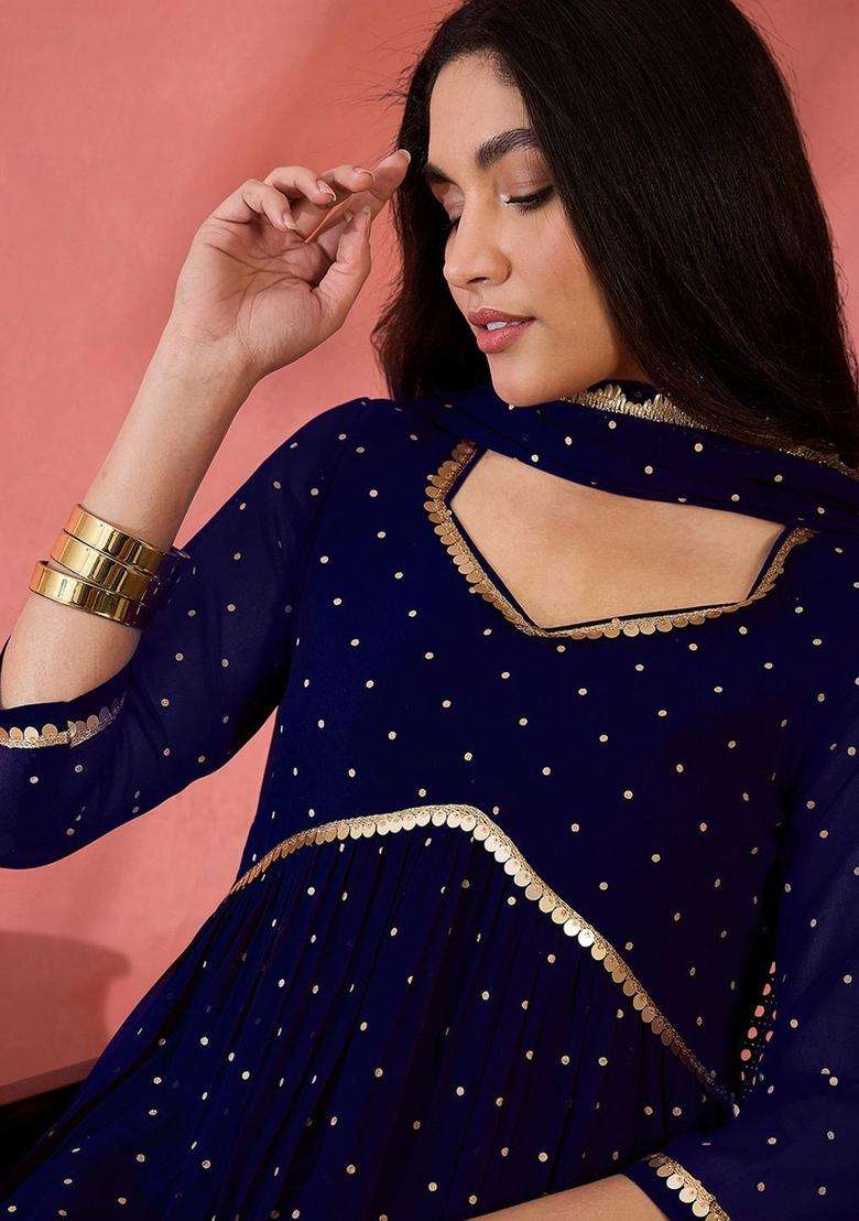 Navy Blue Printed Georgette Kurta Set - Indya