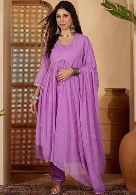 Purple Printed Georgette Kurta Set