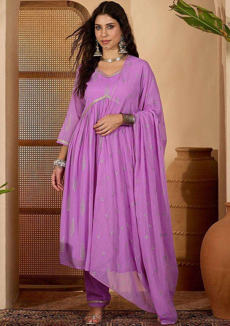 Purple Printed Georgette Kurta Set - Indya