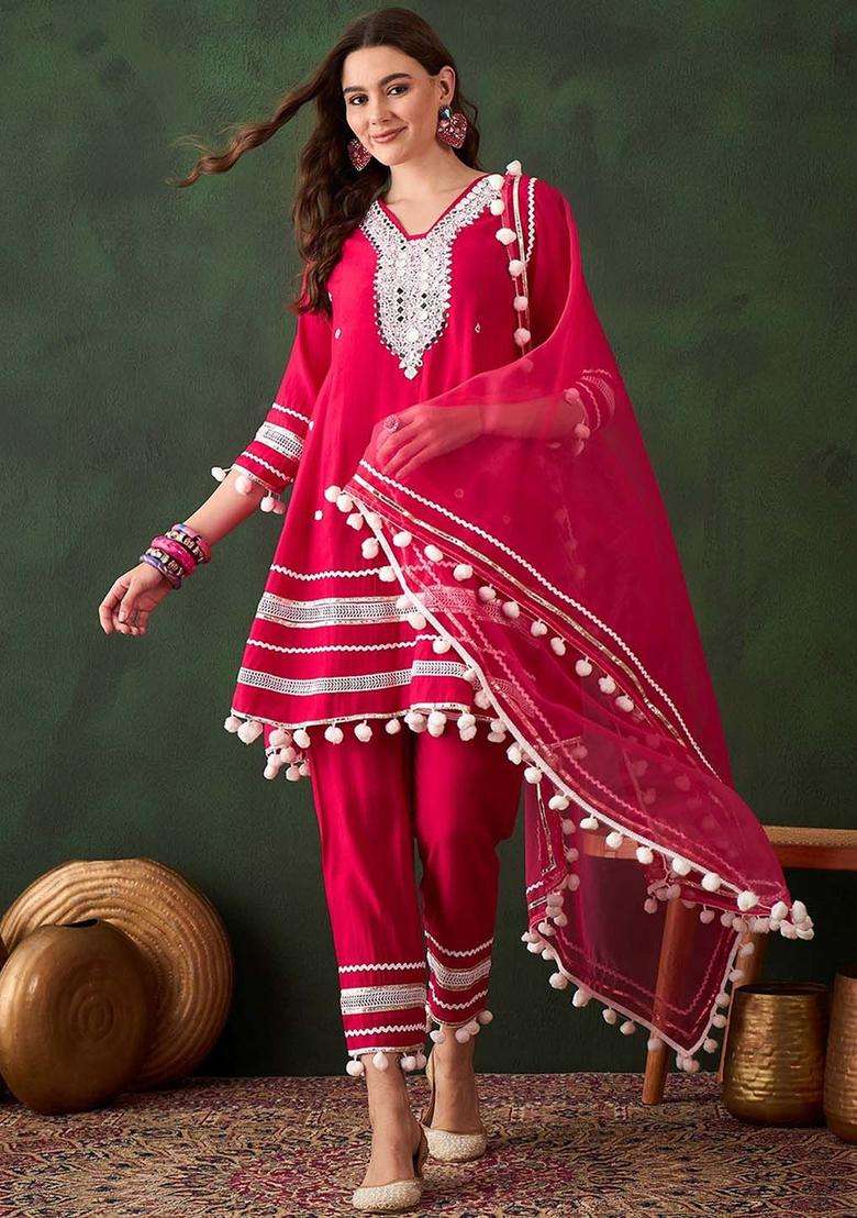 Pink Embroidered Viscose Kurta Set - Indya