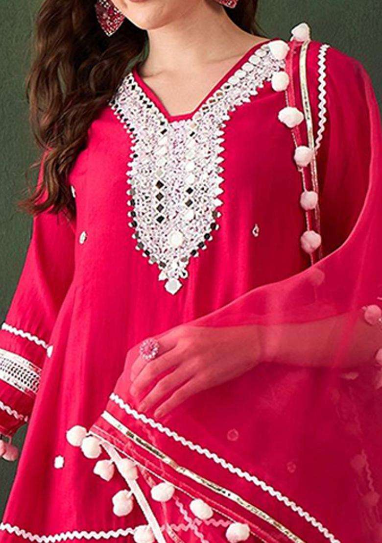 Pink Embroidered Viscose Kurta Set - Indya