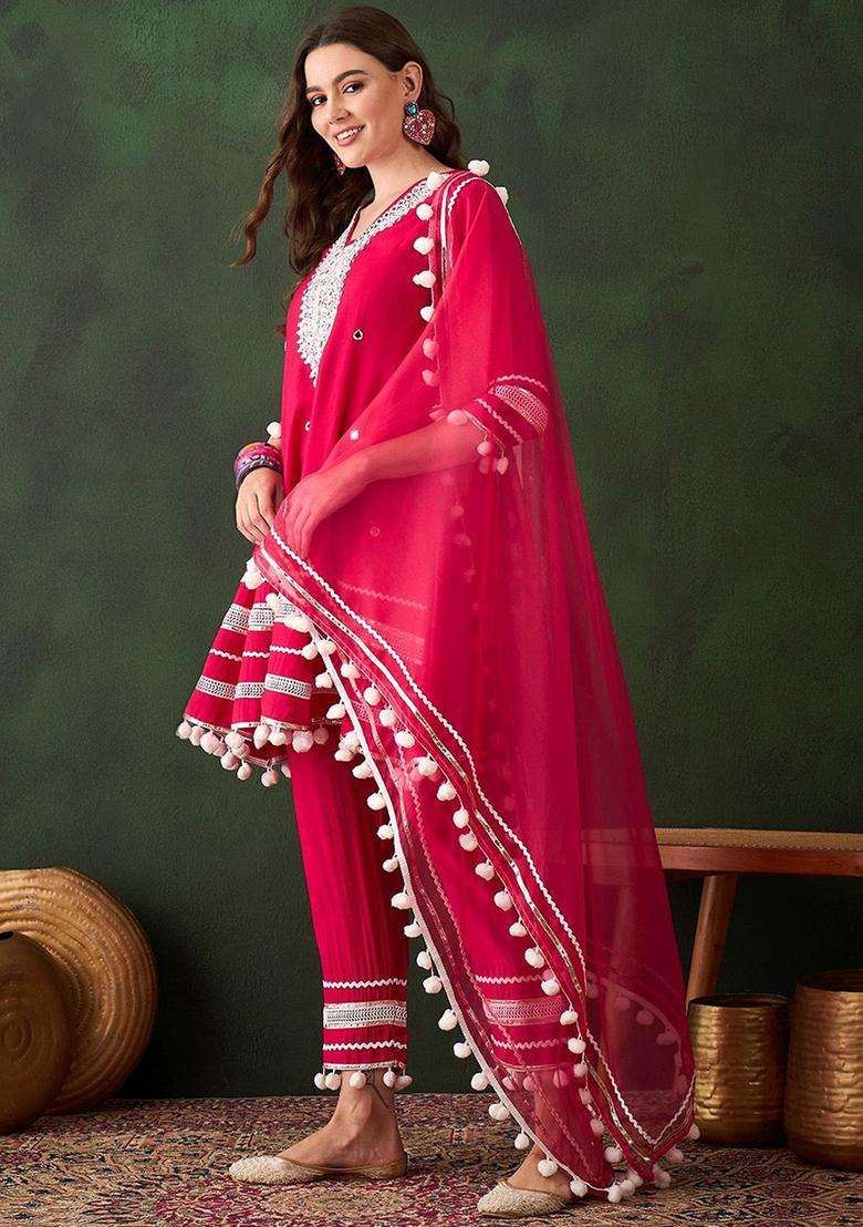 Pink Embroidered Viscose Kurta Set - Indya