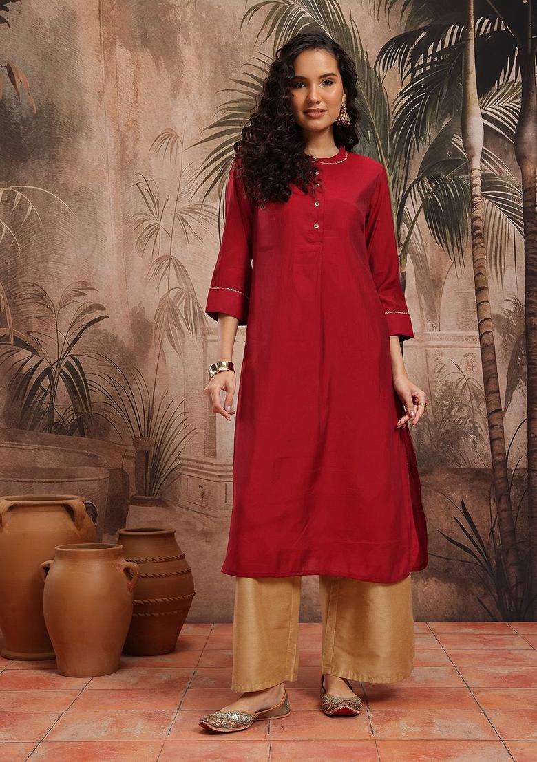 Red  Blended Kurta - Indya