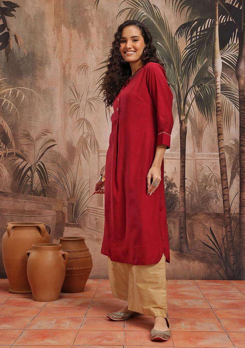 Red  Blended Kurta - Indya