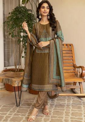 Olive Embroidered Tissue Kurta Set