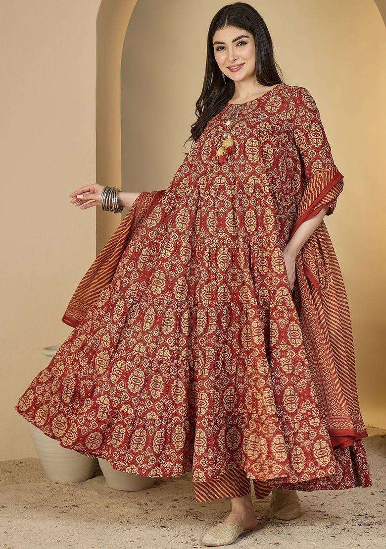 Red Printed Cotton Kurta Set - Indya
