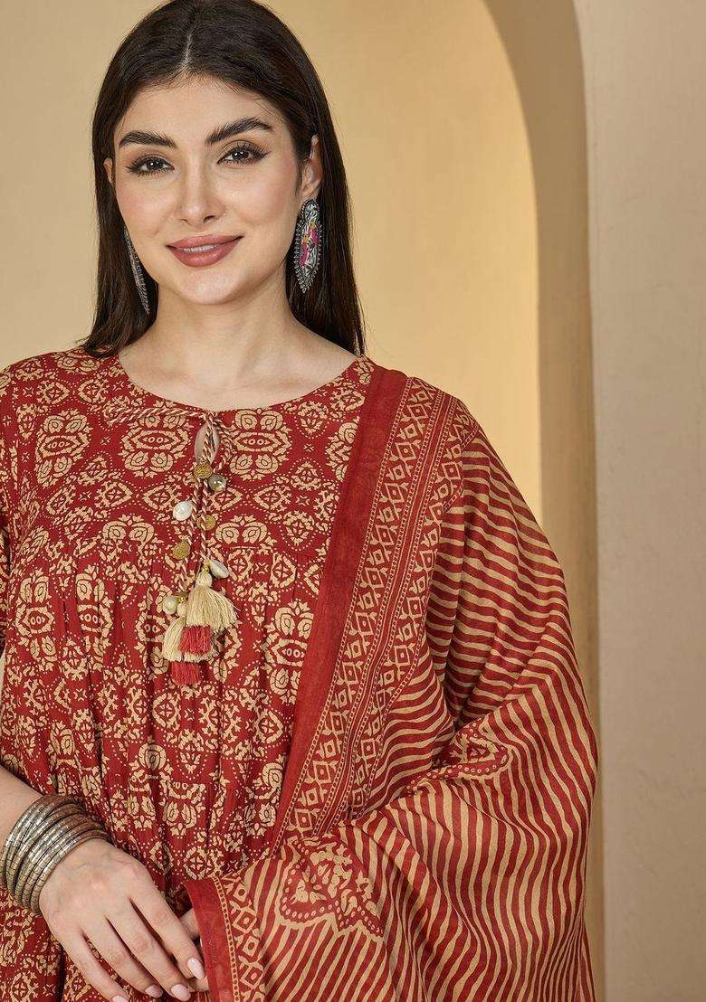 Red Printed Cotton Kurta Set - Indya