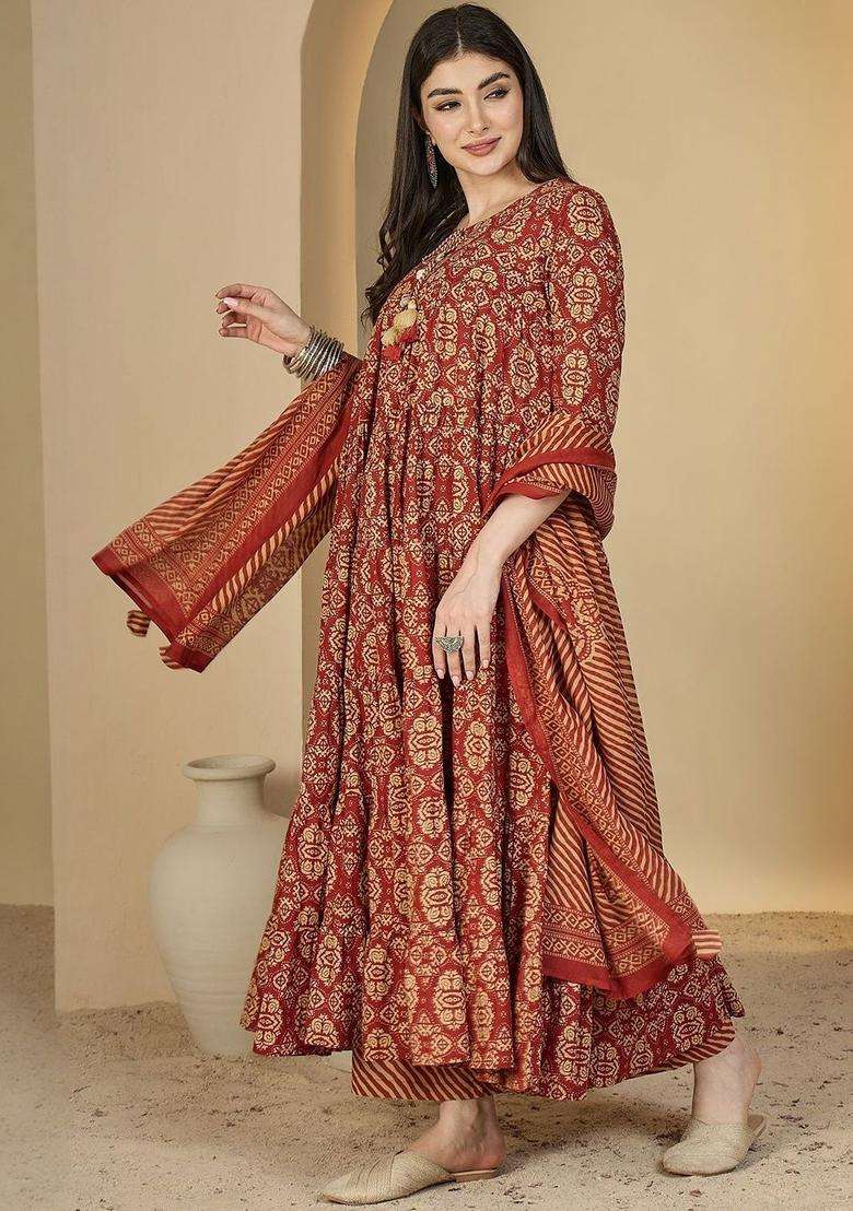 Red Printed Cotton Kurta Set - Indya