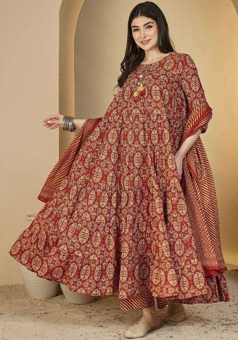 Red Printed Cotton Kurta Set