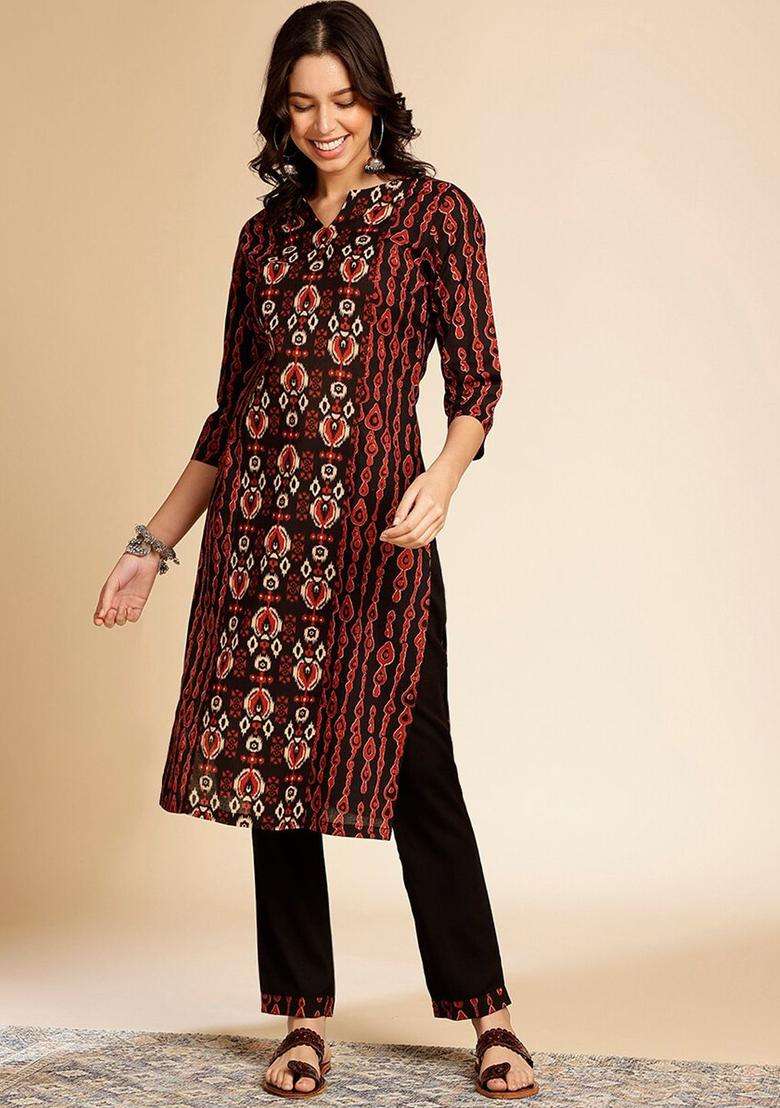 Red Printed Cotton Kurta Set - Indya