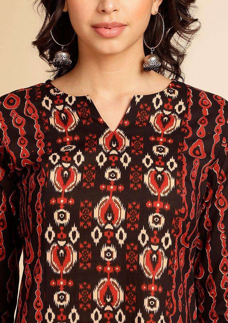 Red Printed Cotton Kurta Set - Indya