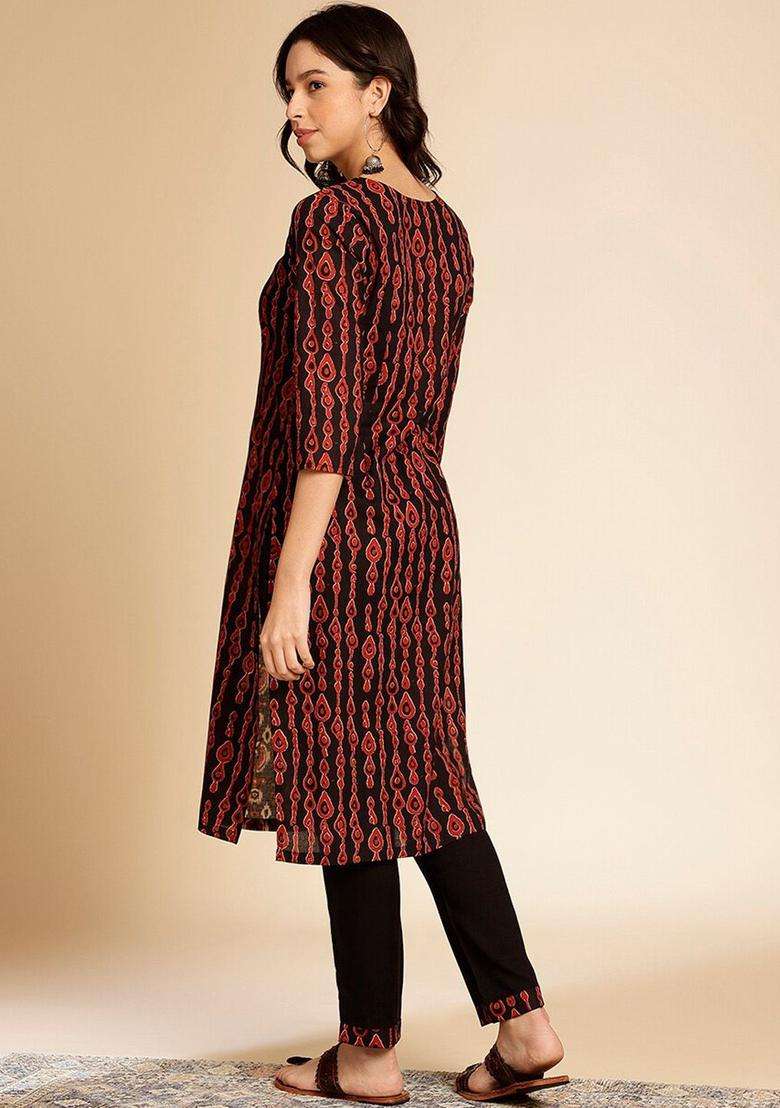 Red Printed Cotton Kurta Set - Indya