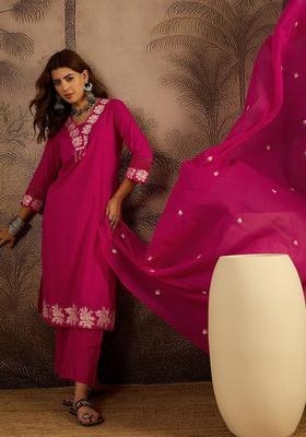 Pink Embroidered Cotton Kurta Set