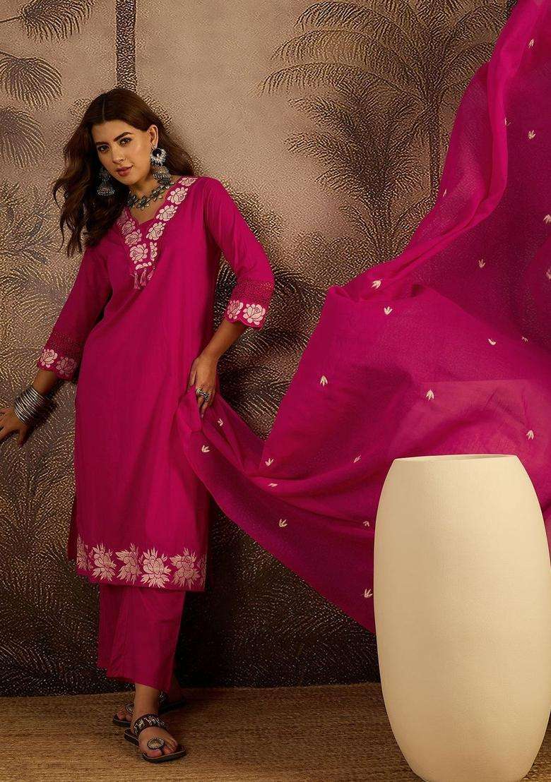 Pink Embroidered Cotton Kurta Set - Indya