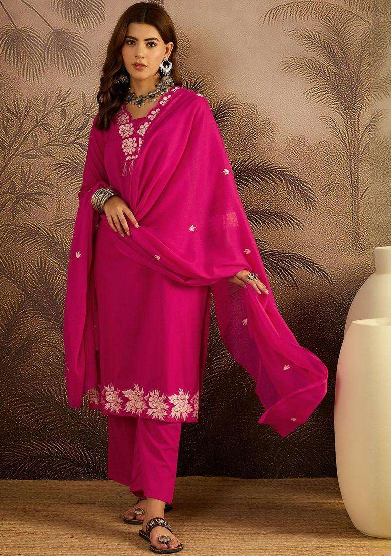 Pink Embroidered Cotton Kurta Set - Indya