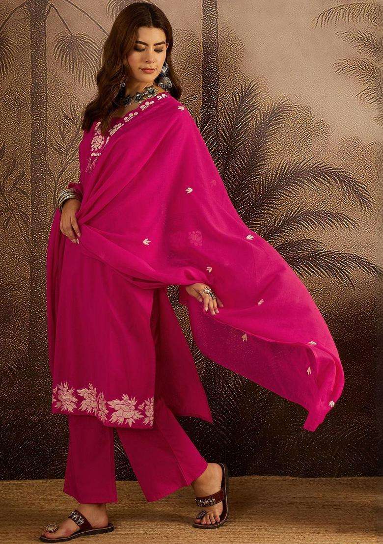 Pink Embroidered Cotton Kurta Set - Indya