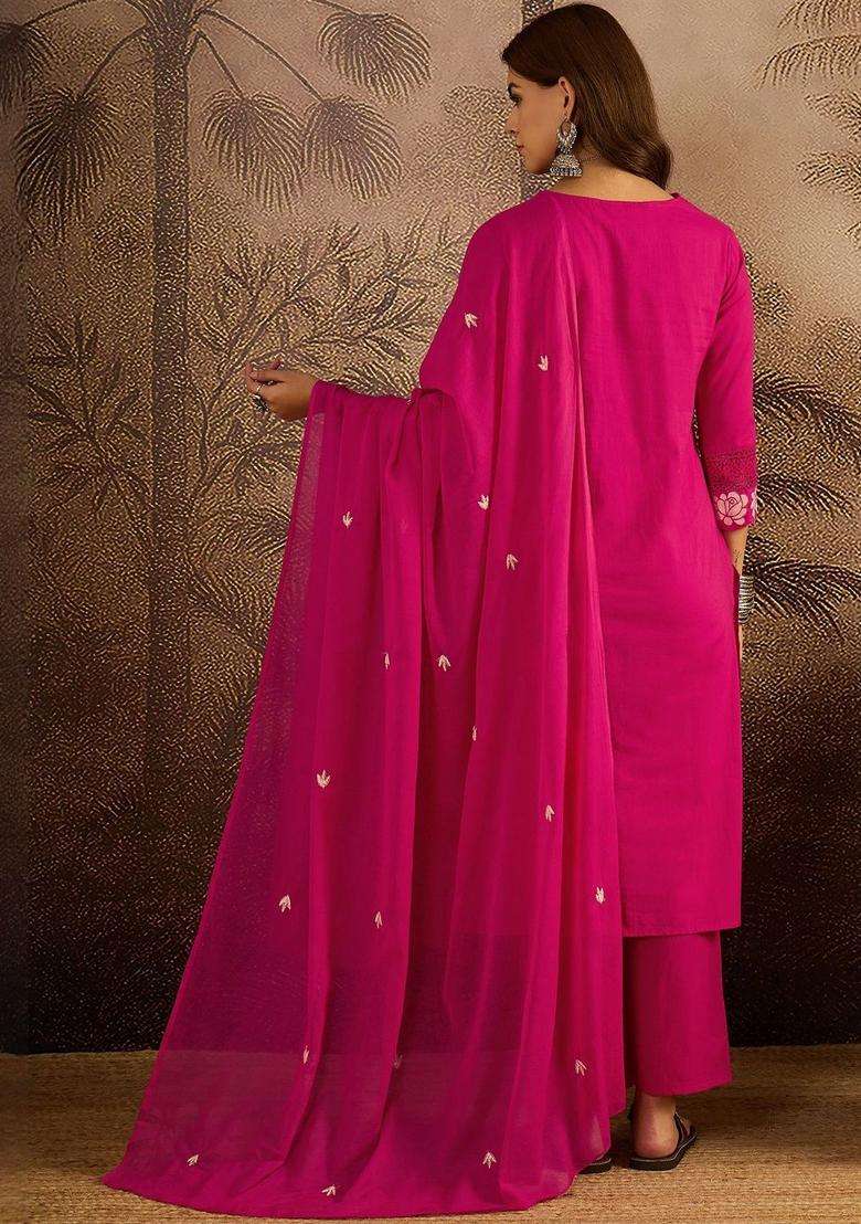 Pink Embroidered Cotton Kurta Set - Indya