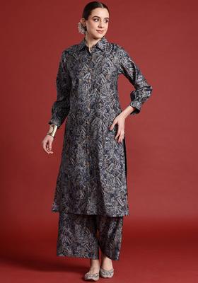 Navy Blue Printed Chanderi Kurta Set