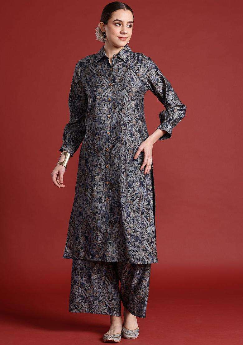 Navy Blue Printed Chanderi Kurta Set - Indya