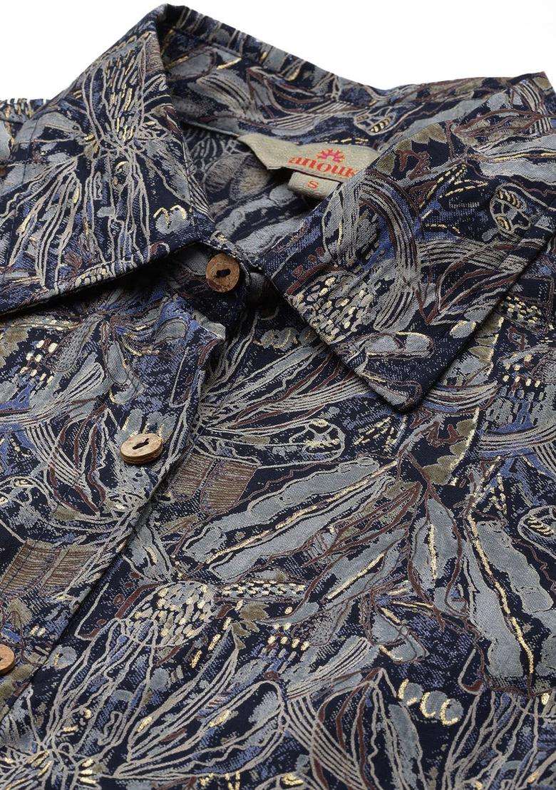 Navy Blue Printed Chanderi Kurta Set - Indya