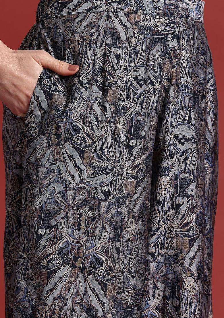 Navy Blue Printed Chanderi Kurta Set - Indya