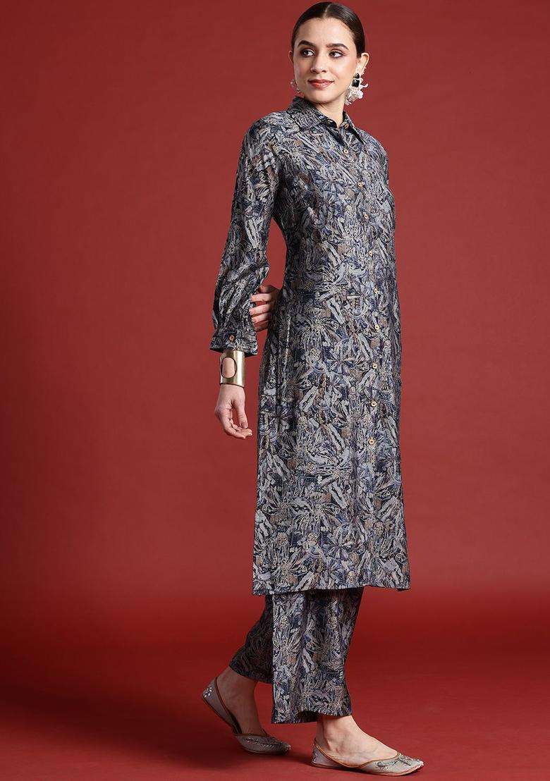 Navy Blue Printed Chanderi Kurta Set - Indya