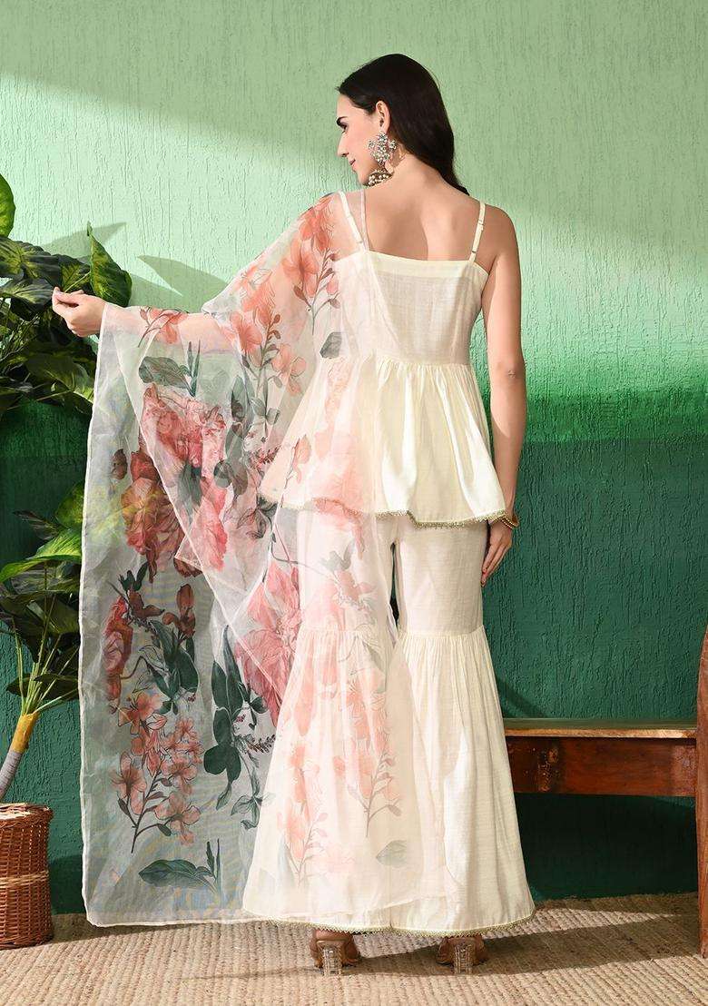 Off White Solid Viscose Kurta Set - Indya