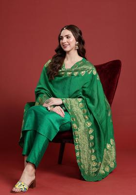 Green Solid Silk Blend Kurta Set