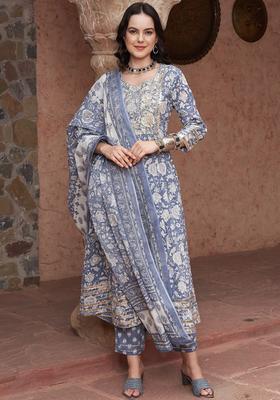 Blue Printed Cotton Kurta Set