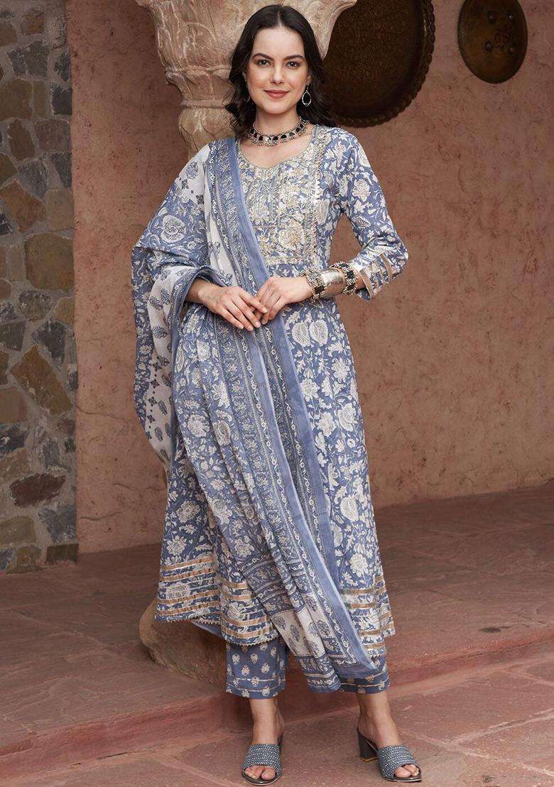 Blue Printed Cotton Kurta Set - Indya