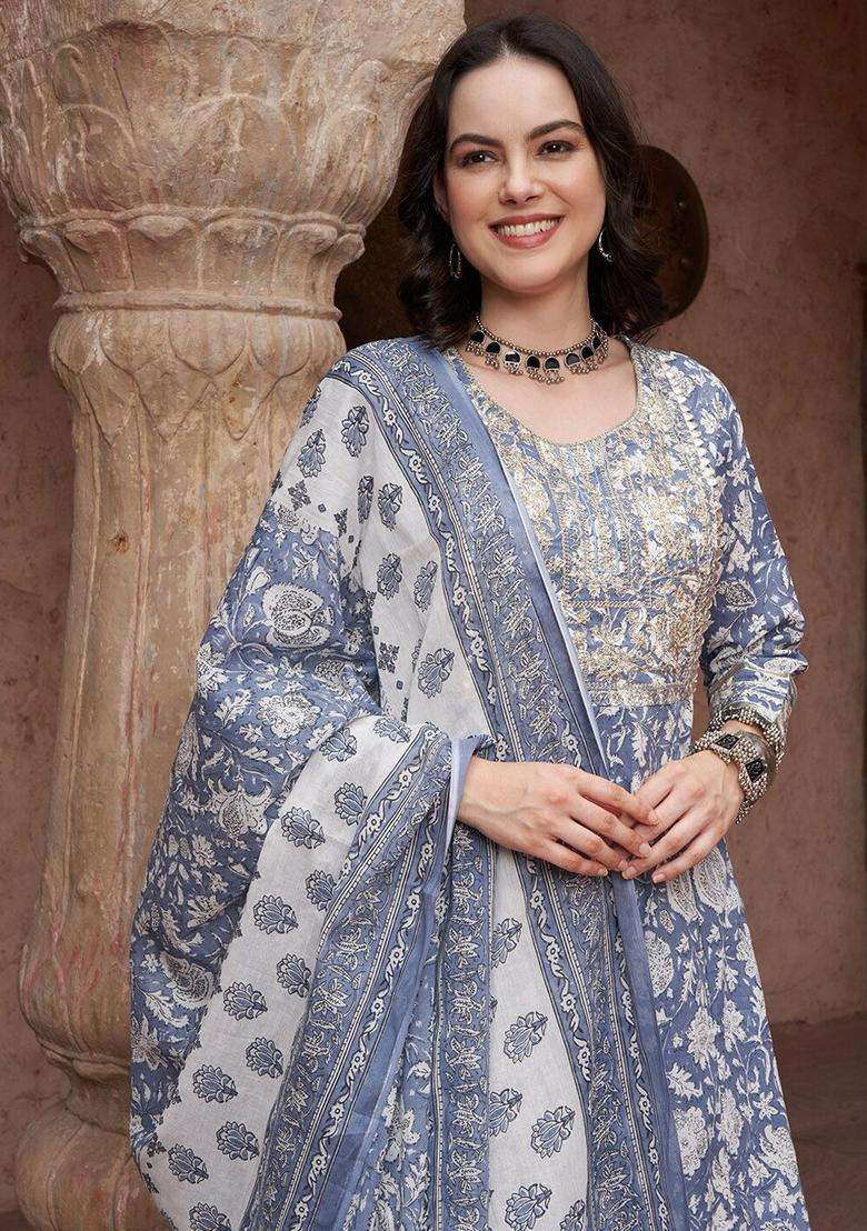 Blue Printed Cotton Kurta Set - Indya