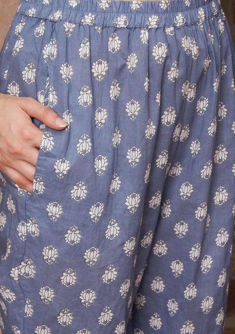 Blue Printed Cotton Kurta Set - Indya
