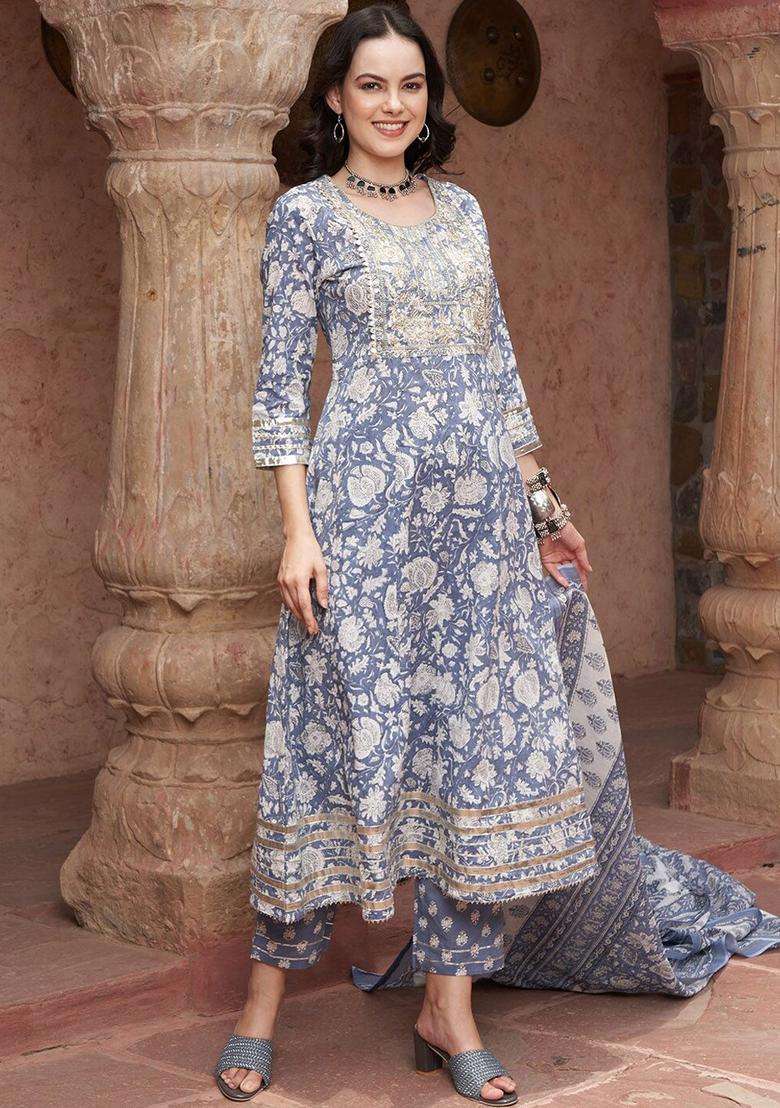 Blue Printed Cotton Kurta Set - Indya