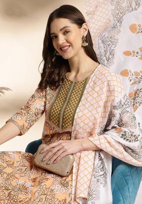 Orange Printed Cotton Kurta Set