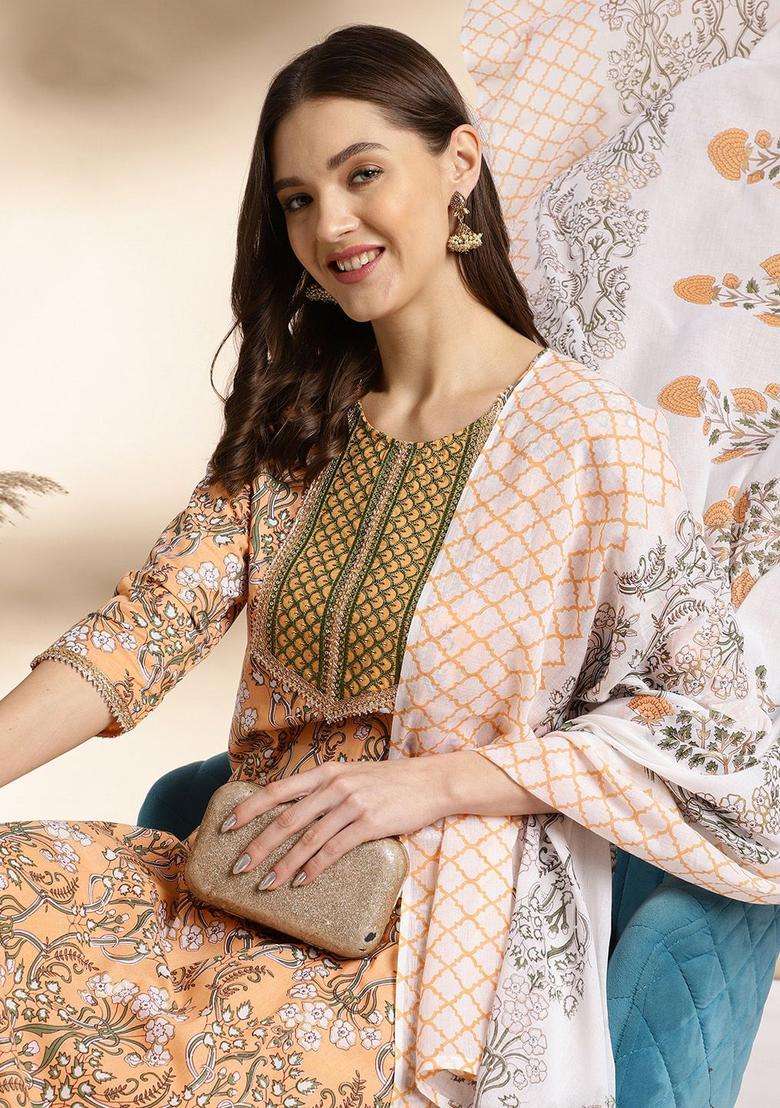 Orange Printed Cotton Kurta Set - Indya