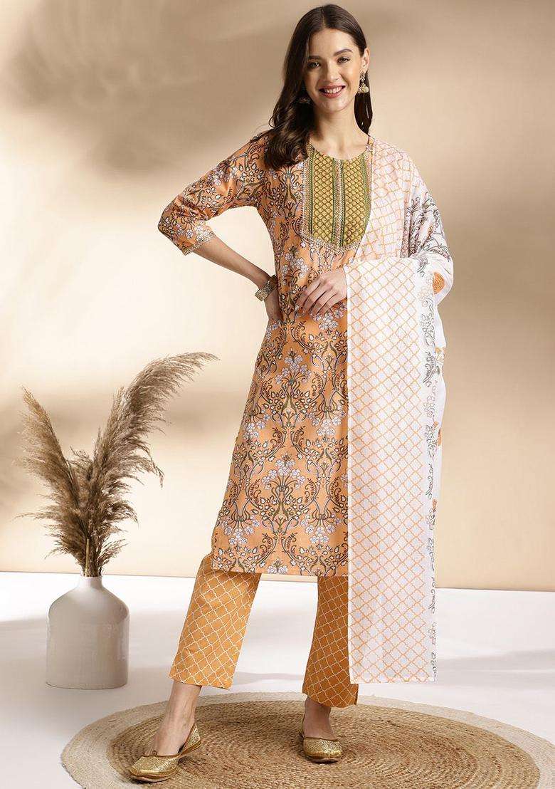 Orange Printed Cotton Kurta Set - Indya