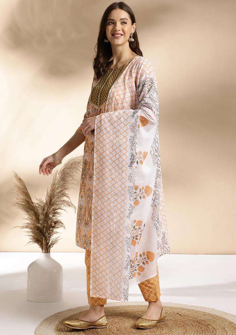 Orange Printed Cotton Kurta Set - Indya