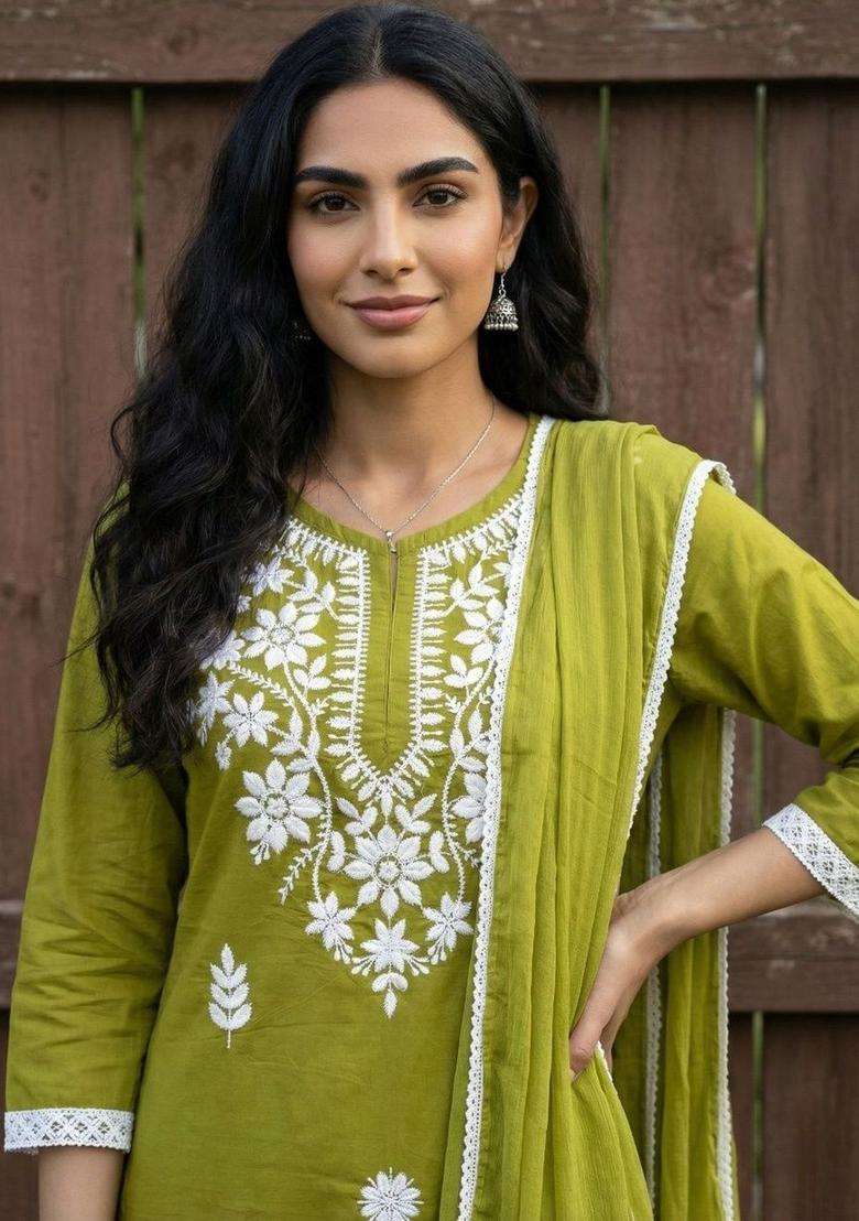 Lime Green Embroidered Cotton Kurta Set - Indya