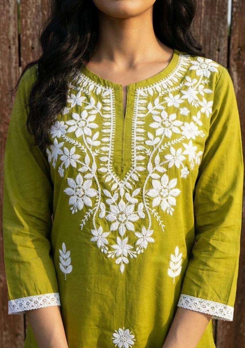 Lime Green Embroidered Cotton Kurta Set - Indya