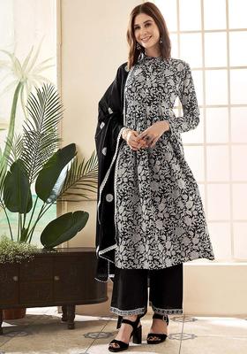 Black Printed Cotton Anarkali Set