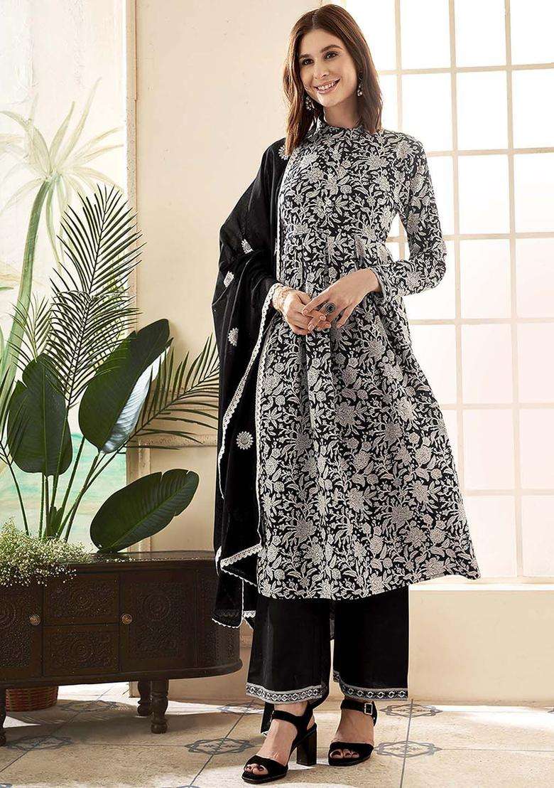 Black Printed Cotton Anarkali Set - Indya