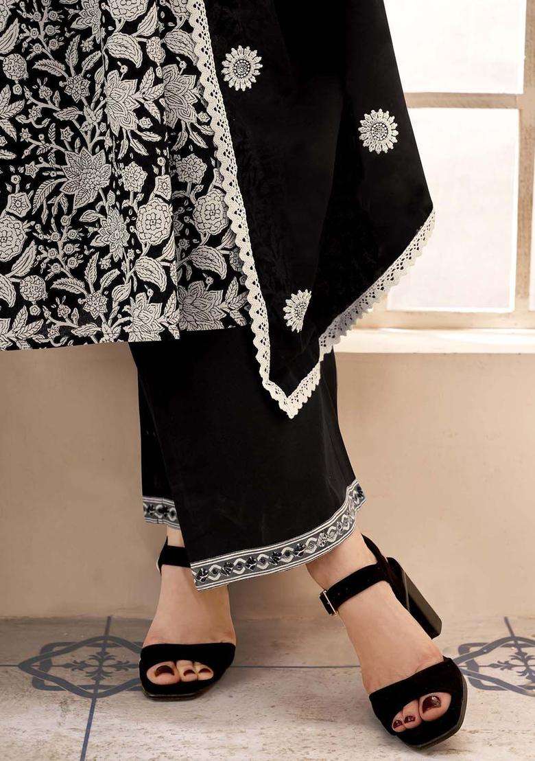Black Printed Cotton Anarkali Set - Indya