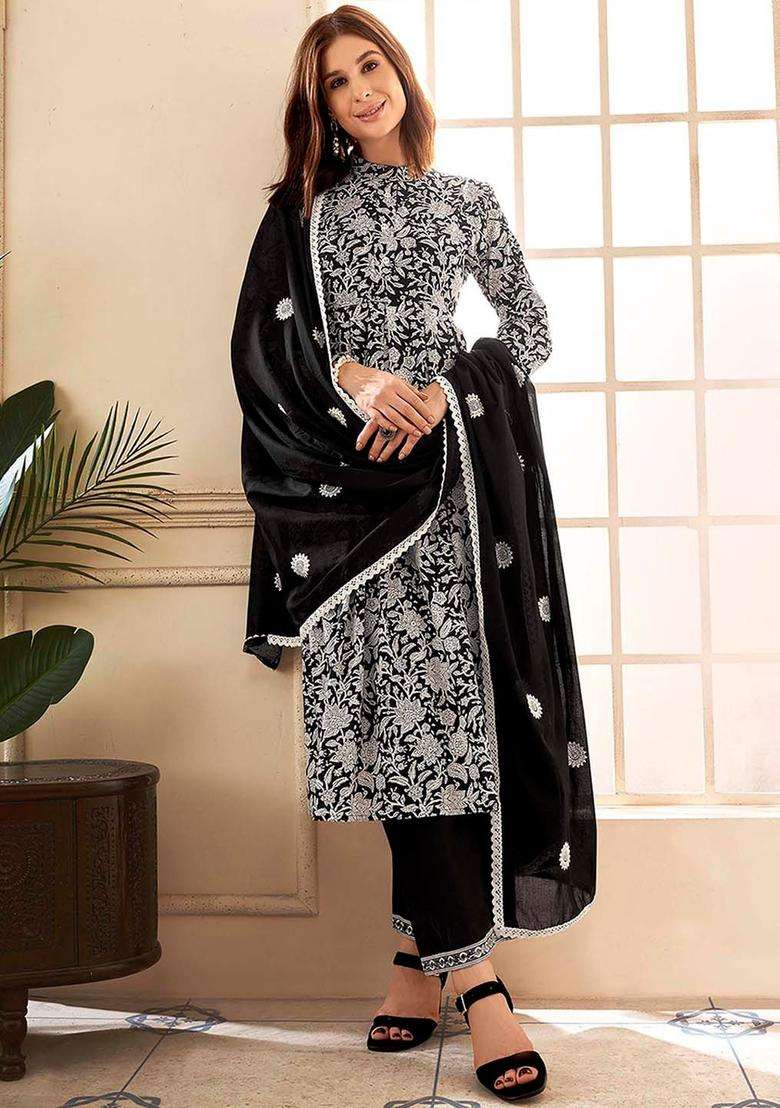 Black Printed Cotton Anarkali Set - Indya