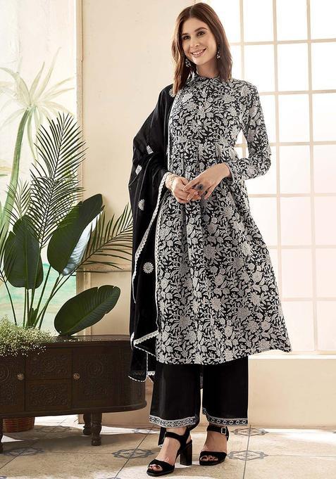 Black Printed Cotton Anarkali Set — view on Indya