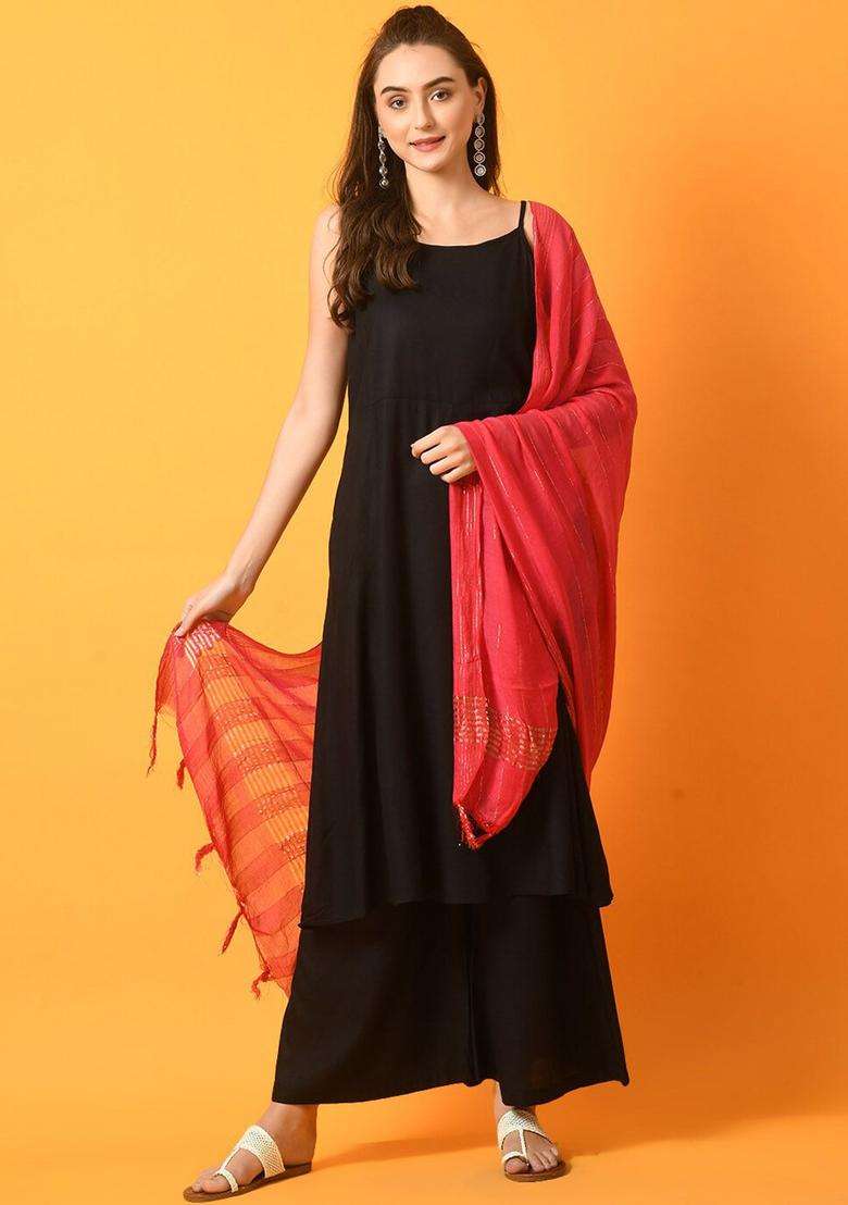 Black Solid Viscose Anarkali Set - Indya