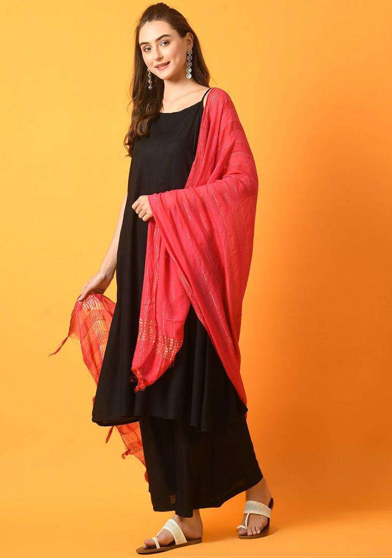 Black Solid Viscose Anarkali Set - Indya