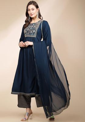 Navy Blue Embroidered Viscose Anarkali Set
