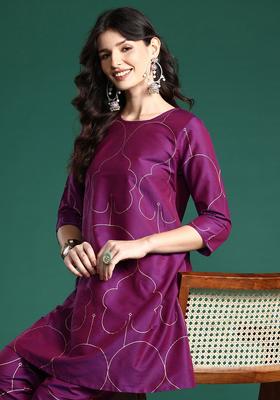 Purple Printed Polyester Kurta Set