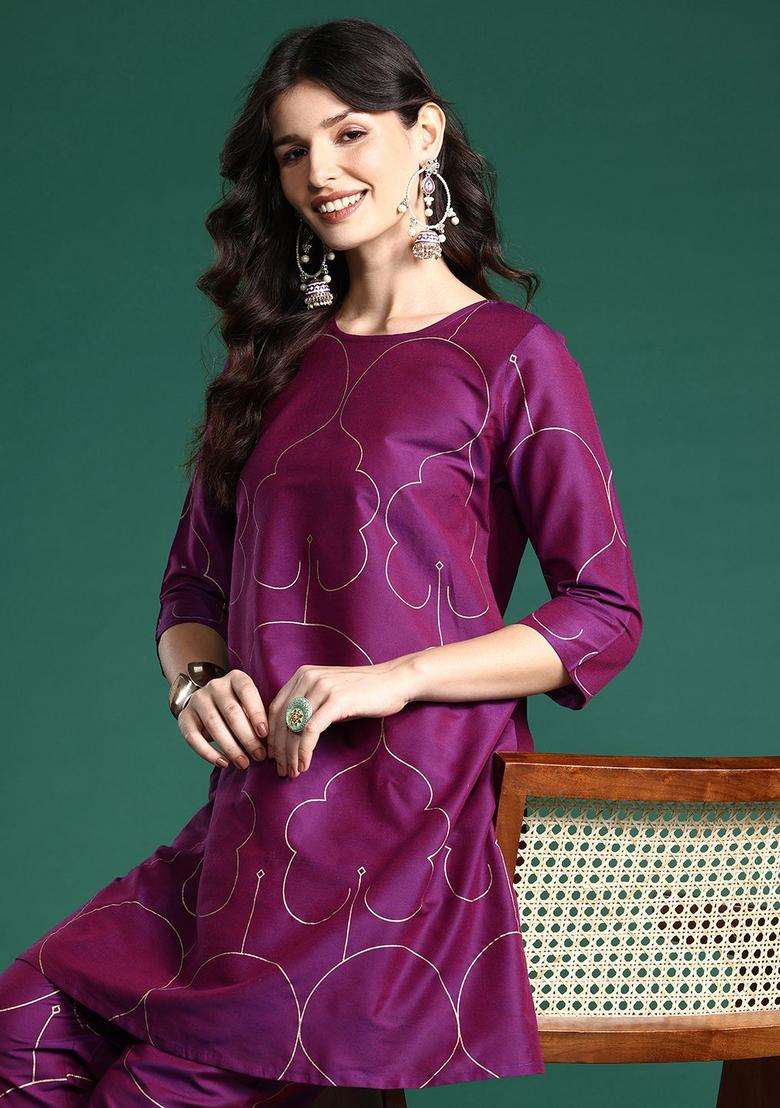 Purple Printed Polyester Kurta Set - Indya
